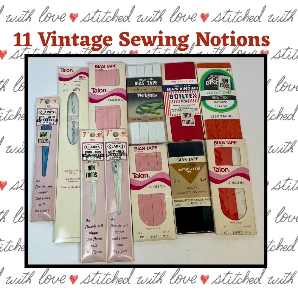 New Vintage Lot Of 11 Pkgs Bias Tape Hem & Seam Binding Zippers & More! Sewing